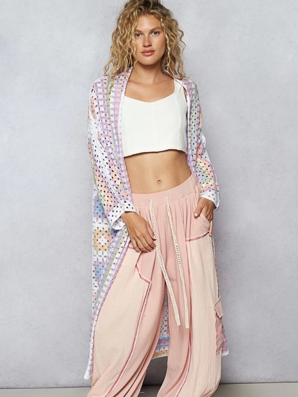 NS22. POL Crochet Bohemian Multicolored Long Cardigan In One Size